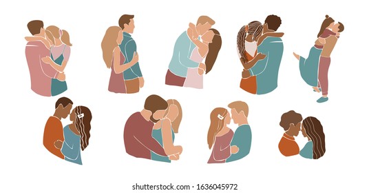 Set of romantic Europian and African American couples, pairs of men and women on date, hugs and kisses. Abstract silhouette characters isolated on white background. Minimalist vector illustration