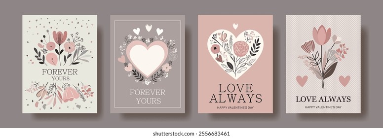 Set of romantic floral cards with soft pastel designs. Includes heart motifs, flowers, and love-inspired typography. Ideal for Valentine’s Day, weddings, anniversaries, and romantic occasions