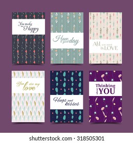 Set of romantic floral collection of 6 cards made of leaves, hearts, flowers in vector