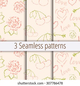 Set of Romantic floral seamless patterns. Vintage background with flowers, leaves, fruits and symbols