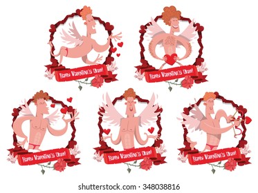 Set of romantic frames with cartoon sexy male cupids with hearts for Valentines day. They are handsome, well built and funny. vector