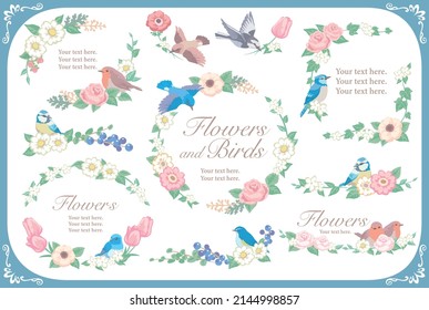 Set of romantic frames and ornaments with flower and bird. Vector illustration.