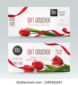 Set of romantic gentle gift vouchers with realistic red tulips and ribbons. Vector elegant layout with 3D flowers for gift card, coupon and certificate. Isolated from background.