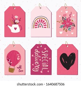 Set of romantic gift box tag lor sale shopping labels, banners, card design for Valentine's day design. Hand drawn vector scandinavian style illustration