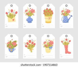 Set of romantic gift tags with cute bouquets of spring flowers for Mothers day, birthday, wedding, easter, valentine's day. Isolated vector collection.