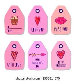 Set of romantic gift tags with hand drawn inscriptions and elements of heart, lips, cupcake, arrow - Vector illustration isolated objects of St Valentine's day