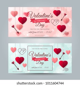 Set of romantic gift vouchers for Valentine’s Day celebration with red and pink realistic paper hearts, arrows and frame. Vector elegant background for holiday gift card, coupon and certificate.