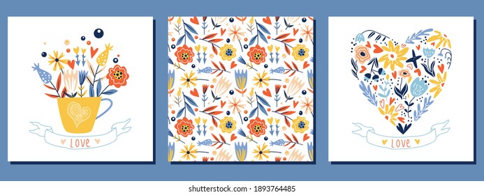  Set of romantic greeting card. Heart of flowers, cup with bouquet of flowers, flowers seamless pattern. Vector illustration for Valentine's Day or Wedding.