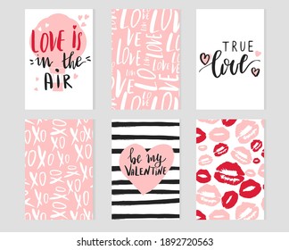 Set of romantic greeting cards or design templates. Hand lettered quotes. Happy Valentines day. 14 February collection