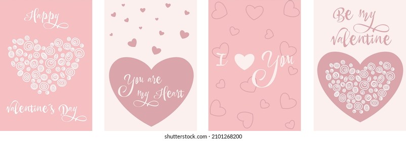 Set of romantic greeting cards or design templates. Happy Valentines day. 14 February collection