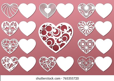 Set of romantic greeting cards for laser cutting. Suitable for birthday, Valentine's day, wedding invitation. Vector illustration.
