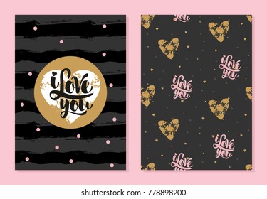 Set of romantic greeting cards on Valentine's Day. Elements and text. Vector illustration.