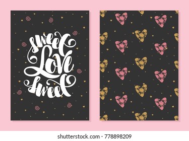 Set of romantic greeting cards on Valentine's Day. Elements and text. Vector illustration.