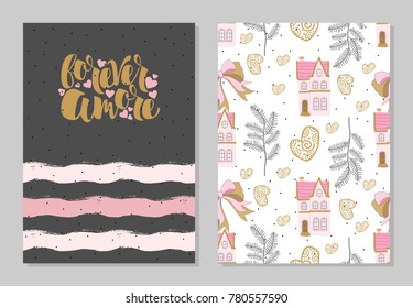 Set of romantic greeting cards on Valentine's Day. Elements and text. Vector illustration.