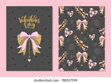 Set of romantic greeting cards on Valentine's Day. Elements and text. Vector illustration.