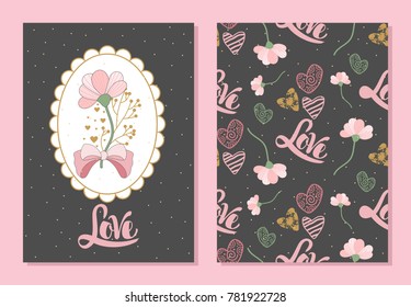 Set of romantic greeting cards on Valentine's Day. Elements and text. Vector illustration.