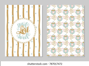 Set of romantic greeting cards on Valentine's Day. Elements and text. Vector illustration.