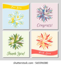 Set of romantic greeting cards with unusual exotic flowers. Congratulation with Valentine's Day, Mother's Day, International Women's Day, birthday, anniversary, wedding.