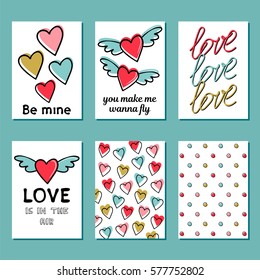 Set of romantic greeting cards with winged hearts. Poster design. Vector illustration.