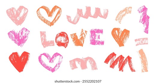 Set of romantic hand drawn design elements. Symbols of love. Valentine's Day cute colorful hearts. 