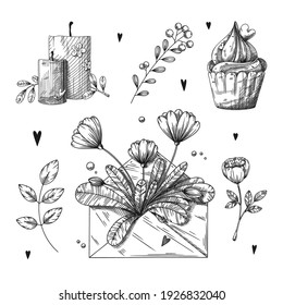 Set of romantic hand drawn elements. Different hearts, flowers and other different elements. Hand-drawn sketch vector illustration.