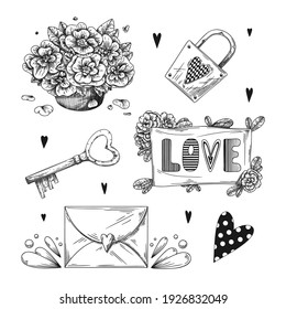 Set of romantic hand drawn elements. Different hearts, flowers and other different elements. Hand-drawn sketch vector illustration.