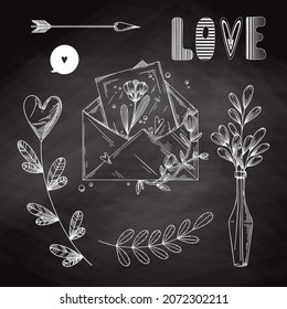 Set of romantic hand drawn elements. Different hearts, flowers and other different elements. Hand-drawn sketch vector illustration.