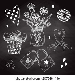 Set of romantic hand drawn elements. Different hearts, flowers and other different elements. Hand-drawn sketch vector illustration.