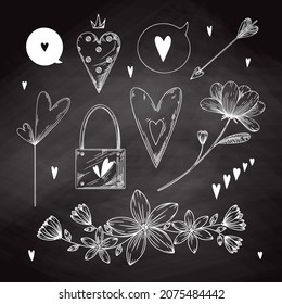Set of romantic hand drawn elements. Different hearts, flowers and other different elements. Hand-drawn sketch vector illustration.