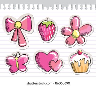 set of romantic hand drawn elements on paper sheet