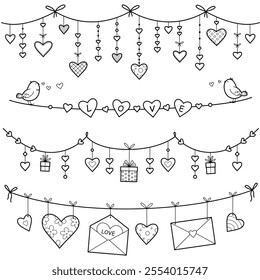 Set of romantic heart garland. Valentine's day decoration. Decorations for Valentine's day, wedding party. Outline illustration, isolated on white background	