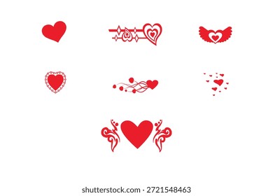 Conjunto de iconos de corazón romántico con corazones alados, línea de pulso de latidos del corazón, corazones flotantes, remolinos ornamentales, marco de corazón de encaje y símbolos de amor decorativos. Ilustración vectorial roja aislada sobre fondo blanco, perfecta para diseños de San Valentín, invitaciones de boda, tarjetas de felicitación, logotipos, pegatinas y proyectos románticos de marca.