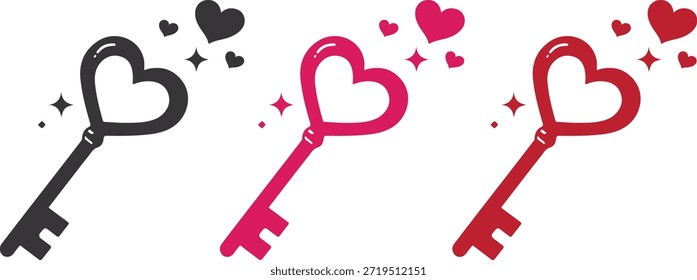 Conjunto de ilustraciones románticas de la llave del corazón en variaciones de color negro, rosa y rojo con Pequeños corazones decorativos y destellos. Diseño de símbolo de amor mínimo aislado sobre fondo blanco. Ideal para proyectos de San Valentín, conceptos de boda y compromiso, temas de amor y relación, tarjetas de felicitación, invitaciones, carteles, gráficos de redes sociales, impresiones de camisetas, pegatinas, calcomanías de vinilo, archivos cortados con láser, Cricut y diseños artesanales. Estilo de Vector plano limpio adecuado para uso digital e impreso.