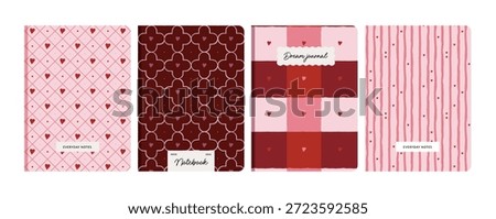 Set of romantic heart pattern notebook, dairy, planner cover designs. Valentine's Day stationery templates with pink and red seamless geometric motifs.