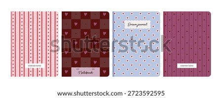 Set of romantic heart pattern notebook, dairy, planner cover designs. Valentine's Day stationery templates with pink and red seamless geometric motifs.