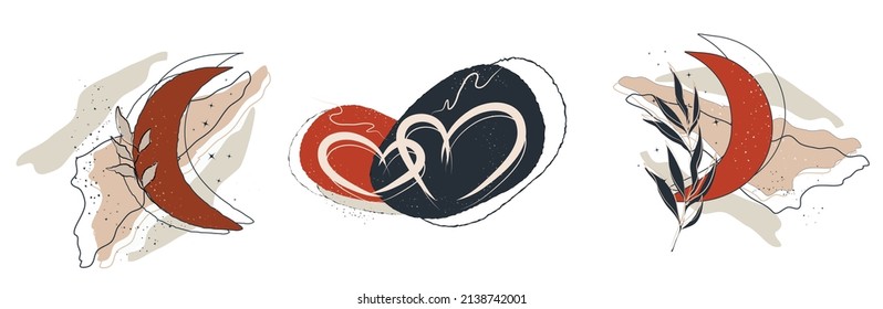 a set from a romantic heart with a tropical leaf, the moon with an abstract branch. hand-drawn organic objects. isolated banner in . minimalism, art  boho style. for paper, print, banner, card