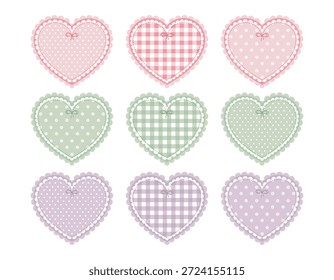 A set of romantic hearts in checkered, polka dots, and with daisies. Delicate pastel colors. Retro design. Valentine's card, sticker. Vector illustration.
