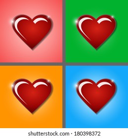 Set a romantic hearts made of glass, ruby, multicolored background.