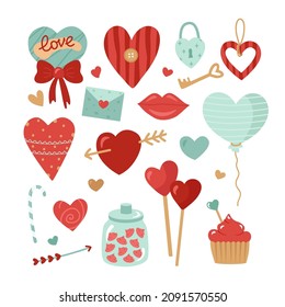 Set of romantic hearts for Valentine's Day. A letter, a balloon, lips, a castle, a cake. Vector illustration in cartoon style for festive decoration, design or decor on February 14.