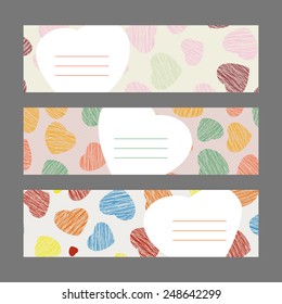 Set of Romantic horizontal banners. Valentine's Day series for invitation, postcard, poster. Hearts ornament. Vector Illustration for print, flyer or leaflet.