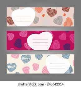 Set of Romantic horizontal banners. Valentine's Day series for invitation, postcard, poster. Hearts ornament. Vector Illustration for print, flyer or leaflet.