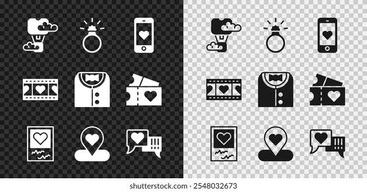 Set Romantic hot air balloon, Diamond engagement ring, Mobile with heart, Photo frames and hearts, Location, Heart speech bubble, Play Video and Suit icon. Vector