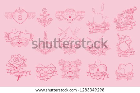 Set of romantic icons in line with old school tattoo style. Editable vector illustration