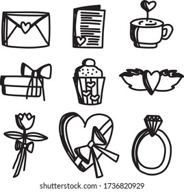 Un conjunto de iconos románticos adecuados para cualquier contenido romántico con estilo de dibujos animados de doodle
