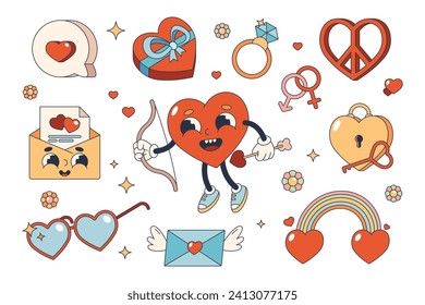 Set of romantic icons, vector stickers. Heart cupid character, rainbow, diamond ring and gift, letter, glasses, gender sign, pacific or hippie symbol. Valentines day holiday. Retro 60s style.