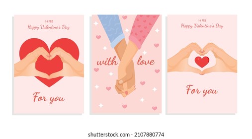 Set of romantic illustrations for cards, poster, banner, internet. Collection of vector design with hands of lovers together, gesture of heart for valentine's day. Love, family, friendship.