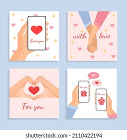 Set of romantic illustrations for cards, poster, banner, internet, social networks. Collection of vector design with hands, gestures, chat online for valentine's day. Love, family, friendship.