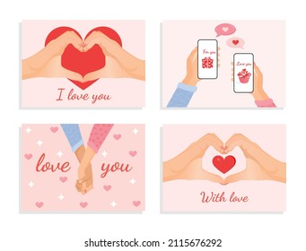 Set of romantic illustrations for cards, poster, banner, internet, social networks. Collection of vector design with hands, gestures, chat online for valentine's day. Love, family, friendship.