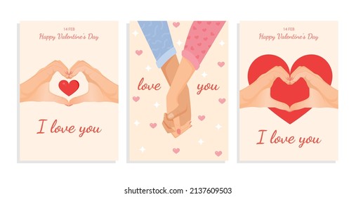 Set of romantic illustrations for cards, poster, banner, internet. Collection of vector design with hands of lovers together, gesture of heart for valentine's day. Love, family, friendship.