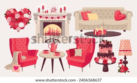 A set of romantic illustrations. Fireplace, armchair, cake, candles, flowers. A cozy decorated interior for Valentine's Day. Illustrated vector clipart.